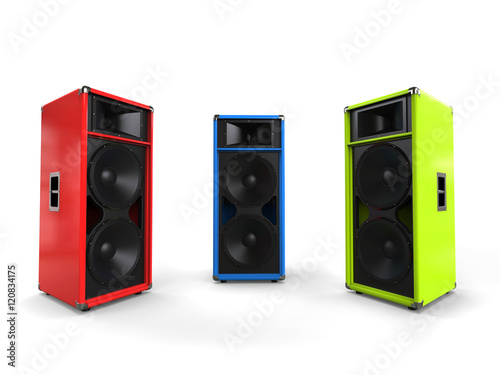 Red, green and blue hifi speakers - studio shot
