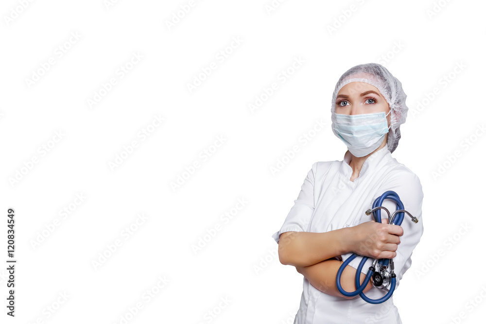 Medical surgeon doctor woman isolated on wihte. With place for medical advertise. Medical advertising concept. Medical surgeon doctor woman isolated on wihte. With place for medical advertise. Medical advertising concept.