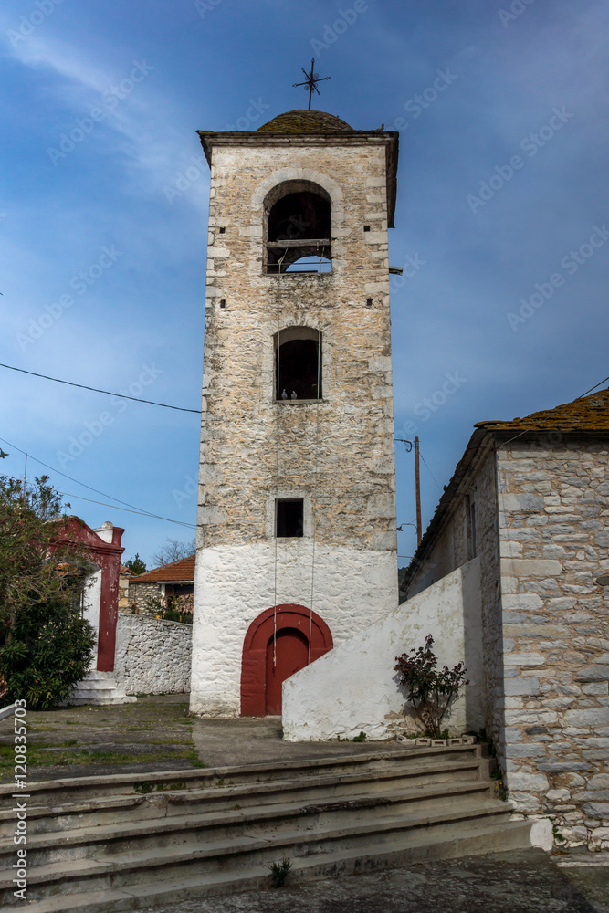 Bell Tower of Orthodox church with stone roof in village of Theologos,Thassos island, East Macedonia and Thrace, Greece 