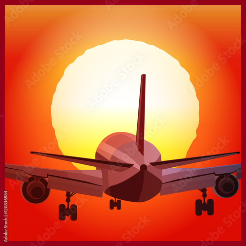 plane takes off at sunset