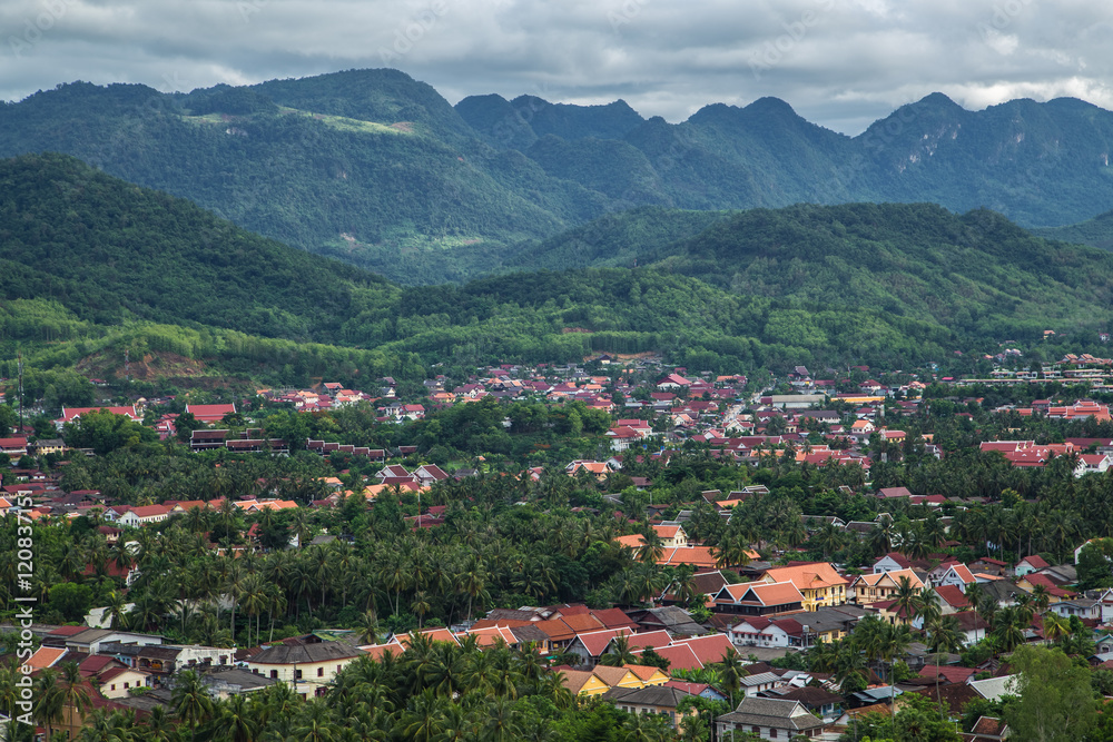 the beautiful landscape of luang prabang from mount phou si,laos.The whole city is also notable as a UNESCO World Heritage Site.