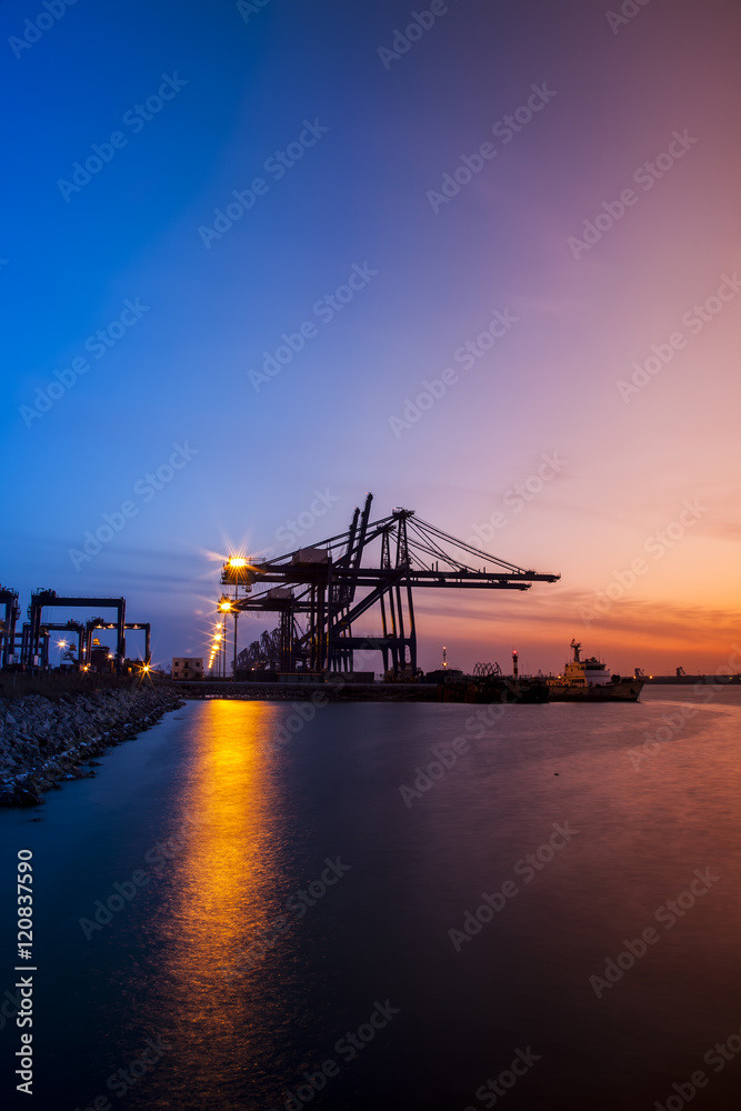 Freight dock of container crane at night