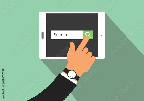 search illustration with hand searching on his tablet with view from top and flat style with long shadow