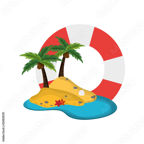 flat design life preserver and tropical island icon vector illustration