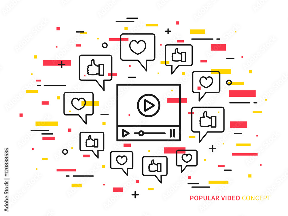 Online video player line vector illustration. Like, heart, dialogue box, media technology creative concept. Internet web video graphic design. Online video player line vector illustration. Like, heart, dialogue box, media technology creative concept. Internet web video graphic design.