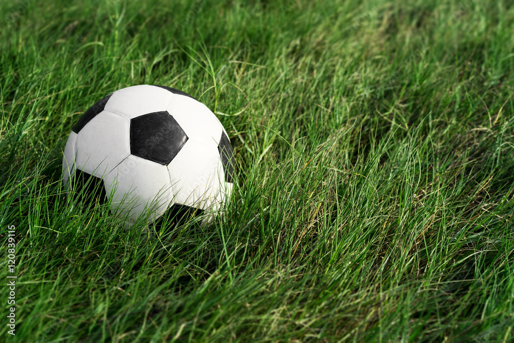 Soccer football on grass field, Soccer ball in fresh green summer or spring field grass Soccer football on grass field, Soccer ball in fresh green summer or spring field grass