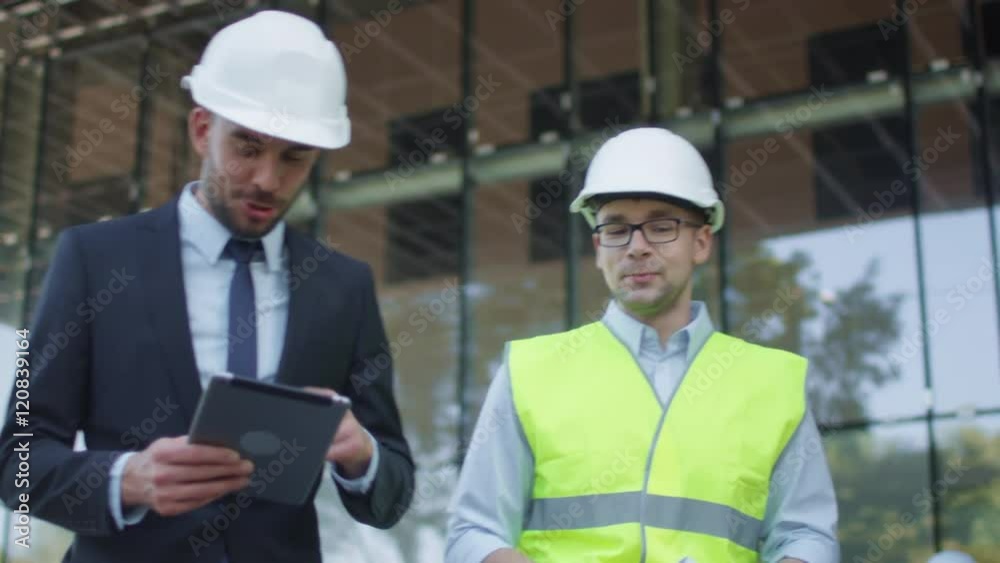 Engineer and Businessman in Hard Hat Walking, Talking, and Using Tablet Computer. Glass Building or Skyscraper under Construction on Background. Shot on RED Cinema Camera in 4K (UHD). Engineer and Businessman in Hard Hat Walking, Talking, and Using Tablet Computer. Glass Building or Skyscraper under Construction on Background. Shot on RED Cinema Camera in 4K (UHD).
