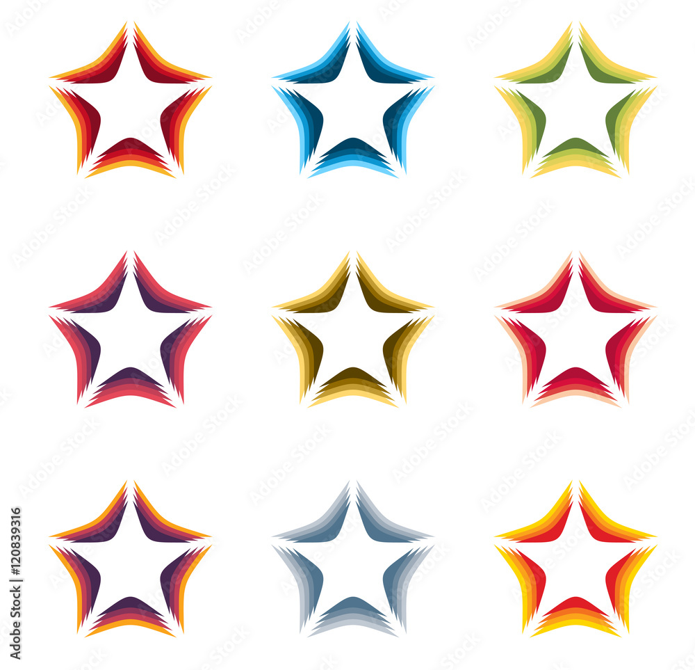 Isolated abstract colorful stars contour logo set on the white background. Rating element logotypes collection. Celebrities symbol. Decorative signs. Vector illustration. Isolated abstract colorful stars contour logo set on the white background. Rating element logotypes collection. Celebrities symbol. Decorative signs. Vector illustration.
