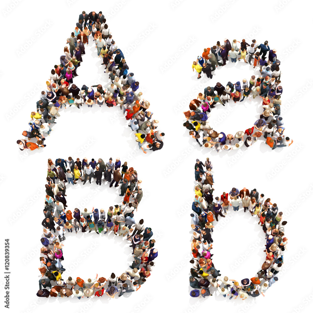 Collection of a large group of people forming the letter A and B in both upper and lower case isolated on a white background. Large 7k resolution map , additional letters available,3d rendering. Collection of a large group of people forming the letter A and B in both upper and lower case isolated on a white background. Large 7k resolution map , additional letters available,3d rendering.