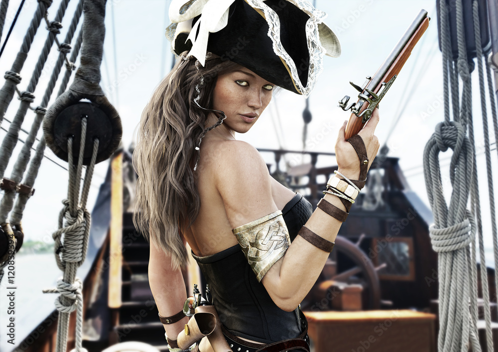 Profile of a Sexy Pirate female captain standing on the deck of her ship  with pistol in hand. 3d rendering Stock Illustration | Adobe Stock