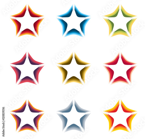 Isolated abstract colorful stars contour logo set on the white background. Rating element logotypes collection. Celebrities symbol. Decorative signs. Vector illustration.