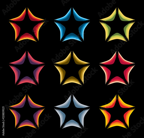 Isolated abstract colorful stars contour logo set on the black baackground. Rating element logotypes collection. Celebrities symbol. Decorative signs. Vector illustration.