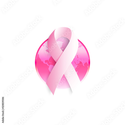 Isolated white ribbon on the pink background logo. Against cancer round shape logotype. Earth image. Stop disease symbol. International worldwide breast cancer week. Medical sign. Vector illustration.