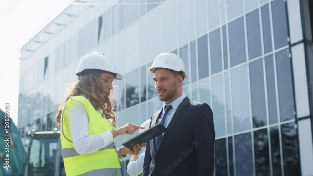Female Engineer and Businessman in Hard Hats Having Conversation and using Tablet on Construction Site. Glass Building on Background. Shot on RED Cinema Camera in 4K (UHD). Female Engineer and Businessman in Hard Hats Having Conversation and using Tablet on Construction Site. Glass Building on Background. Shot on RED Cinema Camera in 4K (UHD).