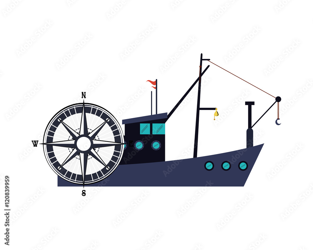 Obraz premium flat design fishing boat and compass icon vector illustration