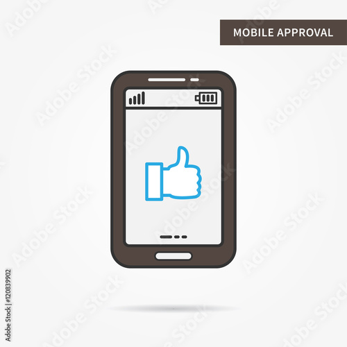 Linear mobile approval. Flat thumb up. Mobile acceptance symbol. Creative concept ok (thumb up) graphic design. Vector approval (thumb up) sign illustration.