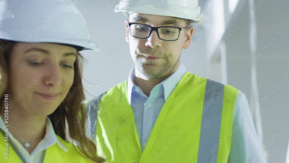 Team of Engineers in Hard Hats Having Conversation, Looking at Blueprint, inside Building Under Construction. Shot on RED Cinema Camera in 4K (UHD). Team of Engineers in Hard Hats Having Conversation, Looking at Blueprint, inside Building Under Construction. Shot on RED Cinema Camera in 4K (UHD).