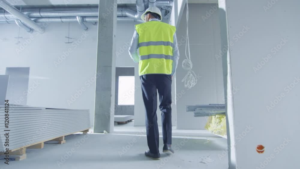 Follow Shot of Engineer in Hard Hat Walking inside Building under Construction. Shot on RED Cinema Camera in 4K (UHD). Follow Shot of Engineer in Hard Hat Walking inside Building under Construction. Shot on RED Cinema Camera in 4K (UHD).