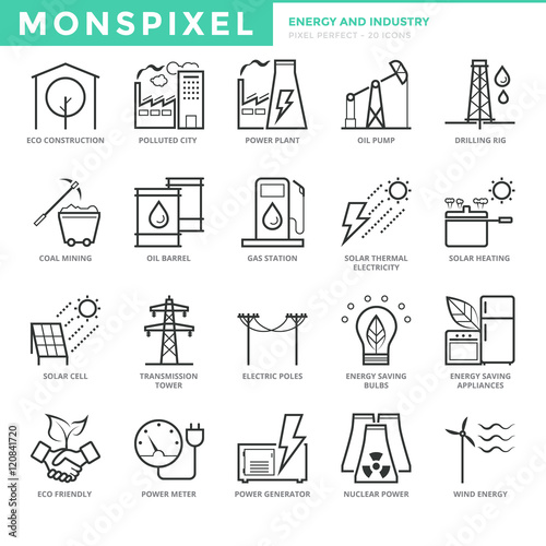 Flat thin line Icons set of Energy and Industry for Web Development. Pixel Perfect Icons. Simple mono linear pictogram pack stroke vector logo concept for web graphics.