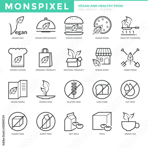 Flat thin line Icons set of Vegan and Healthy Food for Web Development. Pixel Perfect Icons. Simple mono linear pictogram pack stroke vector logo concept for web graphics.
