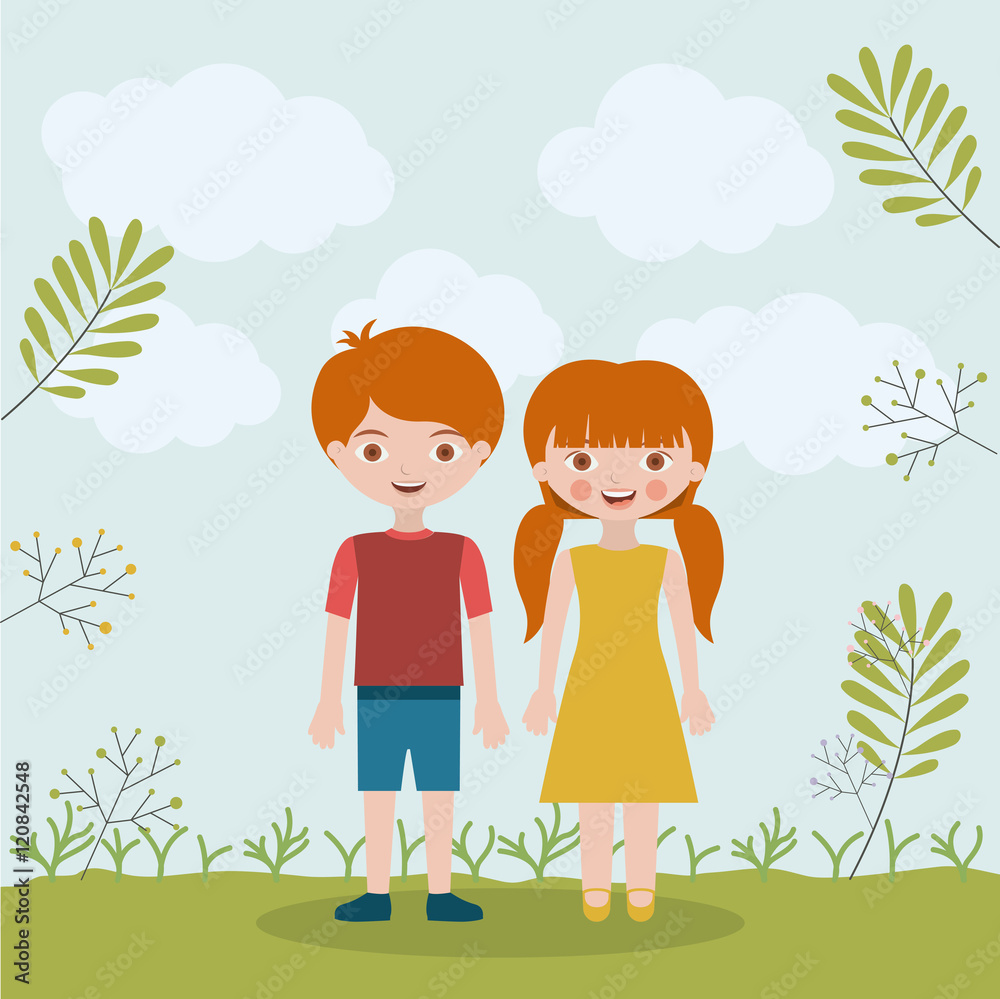 son daughter and brothers icon. Family and relationship theme. Clouds and leaves background. Vector illustration son daughter and brothers icon. Family and relationship theme. Clouds and leaves background. Vector illustration