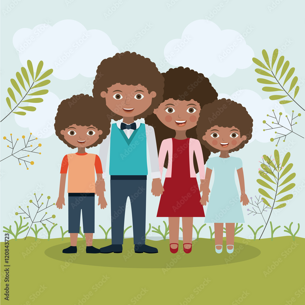 Mother father son and daughter icon. Family and relationship theme. Clouds and leaves background. Vector illustration Mother father son and daughter icon. Family and relationship theme. Clouds and leaves background. Vector illustration