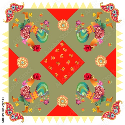 Year of the Rooster. Beautiful bandana print with fantasy roosters, paisley and flowers on geometrical background. Silk neck scarf or kerchief square pattern design style for print.