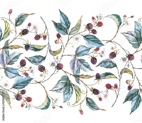 Ręcznie rysowane akwarela bezszwowe ornament z naturalnymi motywami: gałązki jeżyny, liście i jagody. Powtarzająca się dekoracyjna ilustracja, obramowanie z jagodami i liśćmi