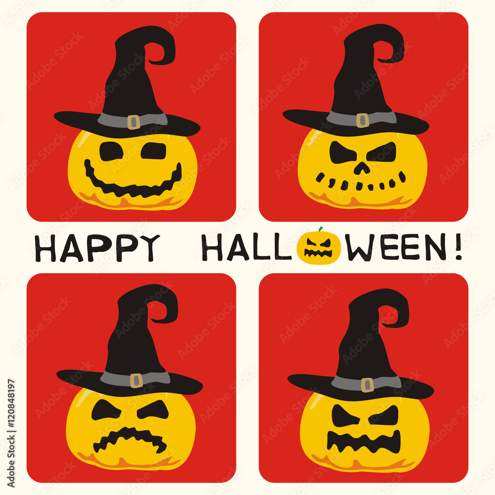 Happy halloween! Set of pumpkins in hats witch Halloween. Collection halloween cards. Happy halloween! Set of pumpkins in hats witch Halloween. Collection halloween cards.