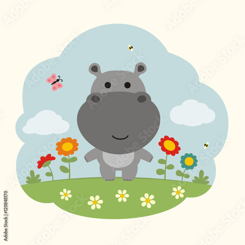 Funny hippo. Cartoon hippo on flowers field. Cute hippo and flowers.