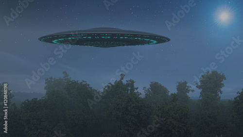 Ufo in night forest 3d