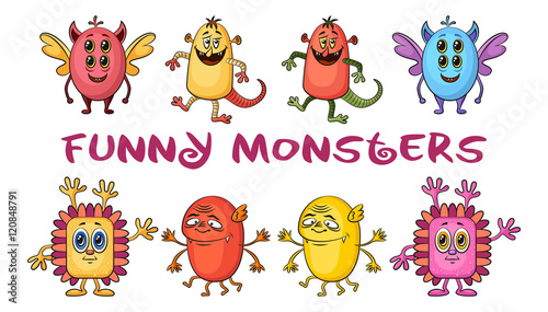 Set of Funny Colorful Cartoon Characters, Different Monsters, Elements for your Design, Prints and Banners, Isolated on White Background. Vector