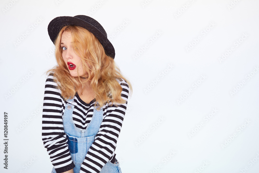 Portrait of fashion girl shocked with copy space Portrait of fashion girl shocked with copy space