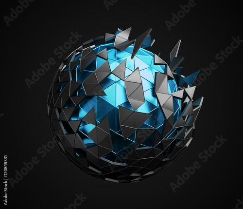 Fototapeta Naklejka Na Ścianę i Meble -  Abstract 3d rendering of low poly sphere with chaotic structure. Sci-fi background with polygonal shape in empty space. Futuristic design.
