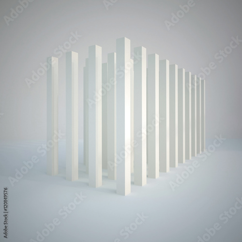 3d illustration. Three-dimensional white cube composition of repeated vertical elements on a white background. Render.
