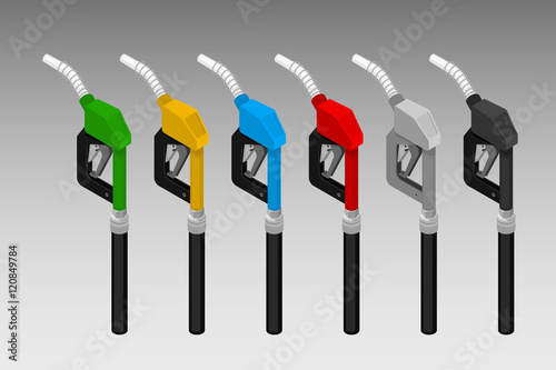 Vector isometric illustration of the fuel nozzle. Equipment for the fueling station.