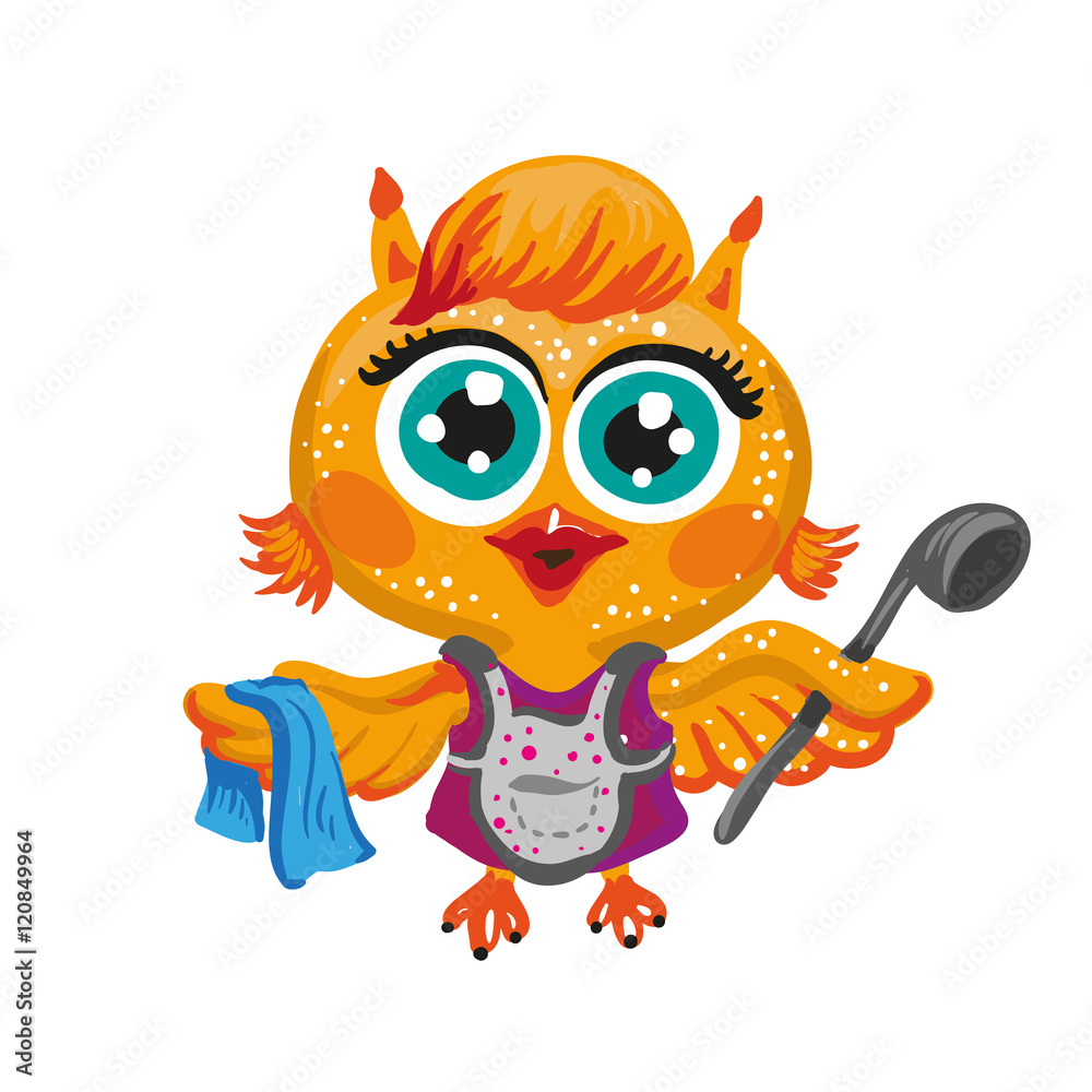 Vector cute owl. Cartoon character housewife .