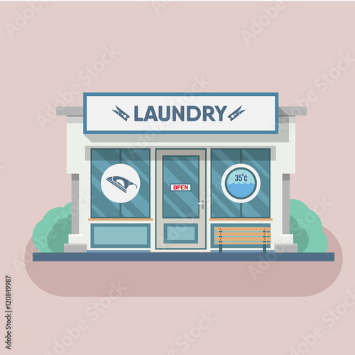 Building laundry flat design. Washing mashine.