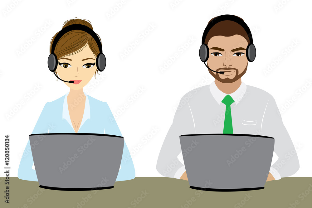 Customer service representative at computer in headset Customer service representative at computer in headset