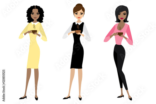 Three business woman standing and holding in hands a cup of coff