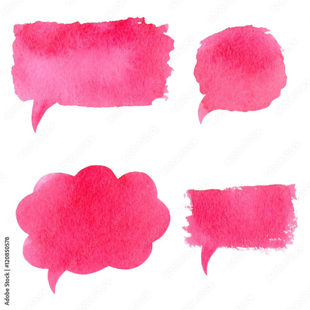 Vector collection of pink watercolor speech bubbles, rectangles, shapes on white background. Hand drawn paint stains set.