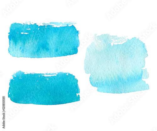 Vector collection of natural blue watercolor rectangle labels, shapes on white background. Hand drawn blue water painte stains set.