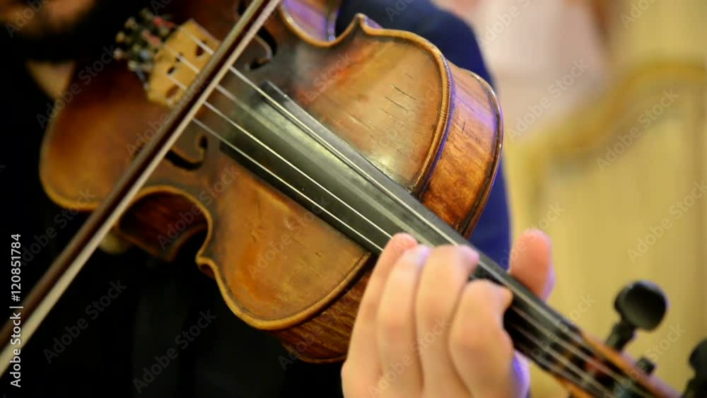 Musician plays on an old wooden violin bow. Lovely classical music. An orchestral Symphony at the concert. Beautiful classical string instrument.