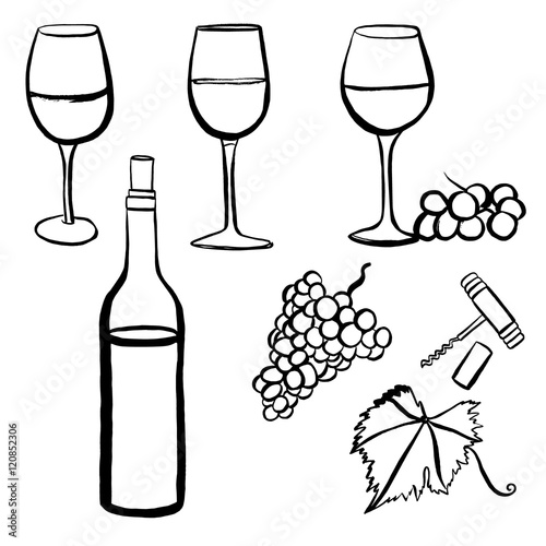 Vector wine set with freehand drawings of glasses, grapes etc