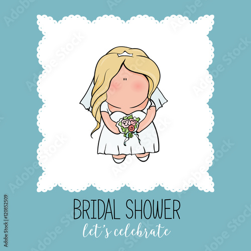 doodle character. cute bride. Romantic announcement for bridal shower party. invitation or congratulation card in cute doodle style.