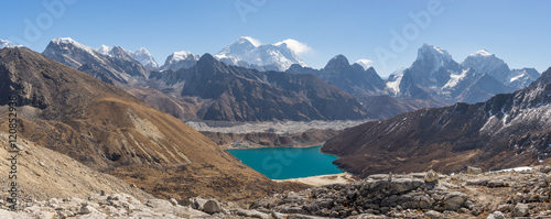 Panoramic view mountain landscpe from Renjo la, Everest region