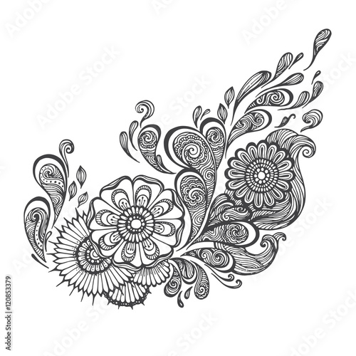 Hand-drawn Oriental floral with ethnic ornaments doodle pattern. Vector illustration Henna Mandala Zentangle stylized for Cover book or card, tattoo more. Design for spiritual relaxation for adults.