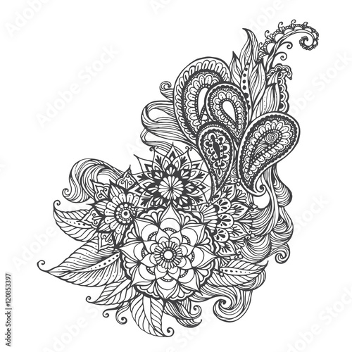 Hand-drawn Oriental floral with ethnic ornaments doodle pattern. Vector illustration Henna Mandala Zentangle stylized for Cover book or card, tattoo more. Design for spiritual relaxation for adults.