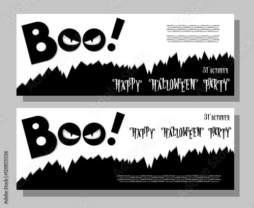 Halloween banner: monster with scary face looks out of the darkness. Cartoon style. Concept design poster, flyer or ticket on holiday party. Vector illustration isolated on gray background