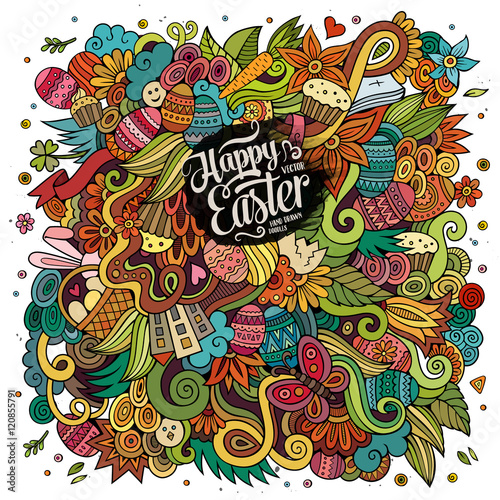 Cartoon hand-drawn doodles Easter vector background